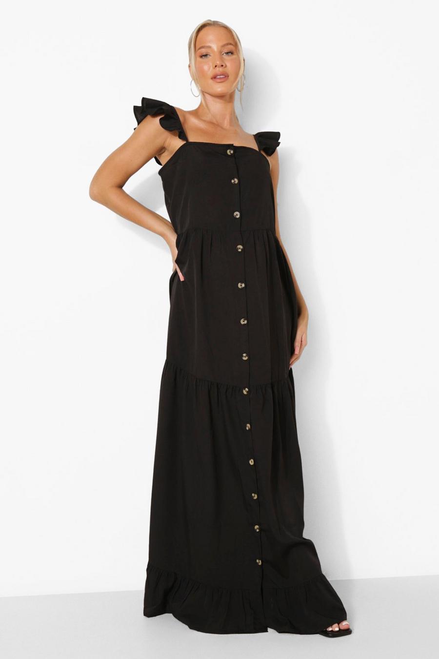 Black Maternity Button Down Frill Tiered Maxi Dress image number 1