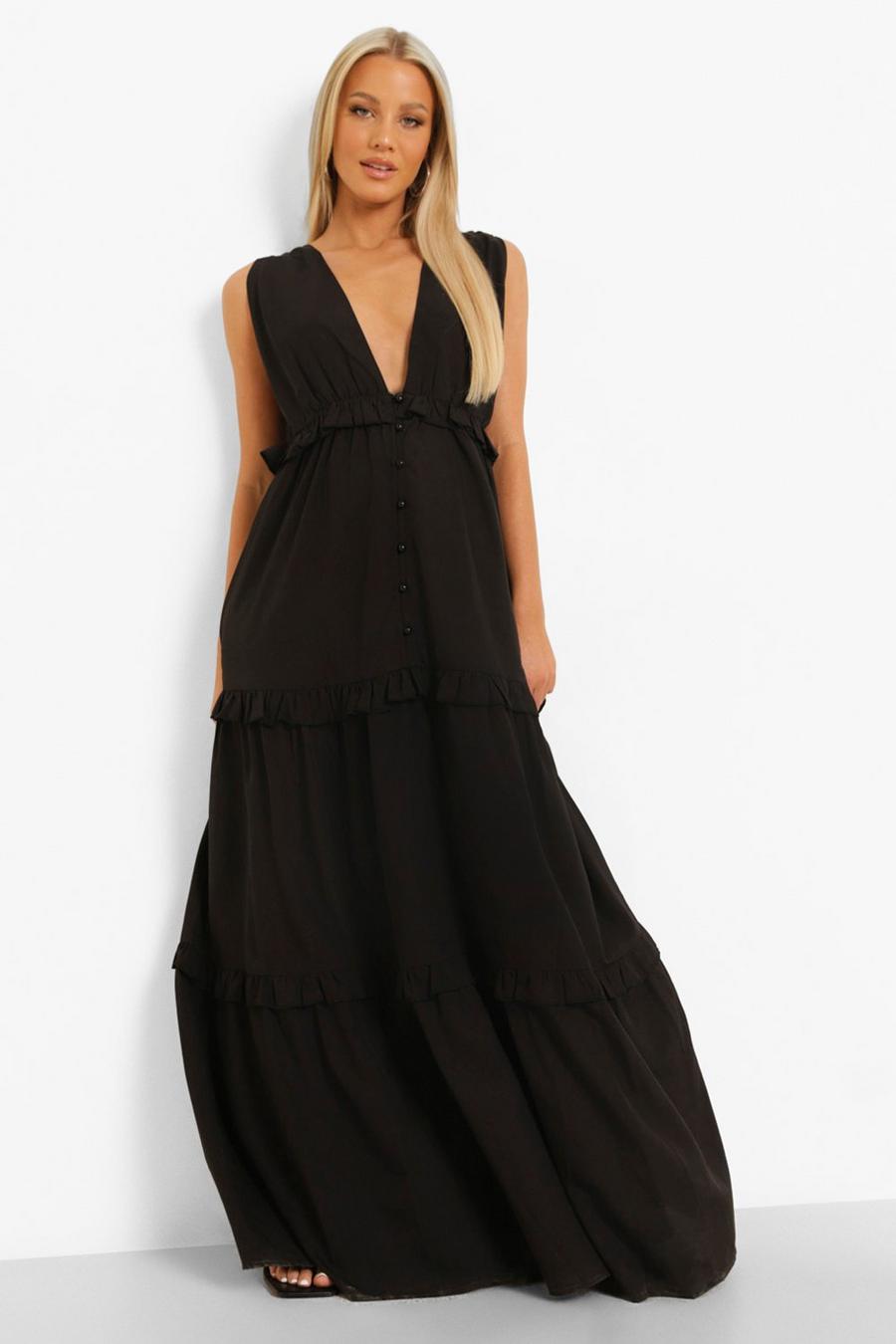 Black Maternity Plunge Tiered Ruffle Maxi Dress image number 1
