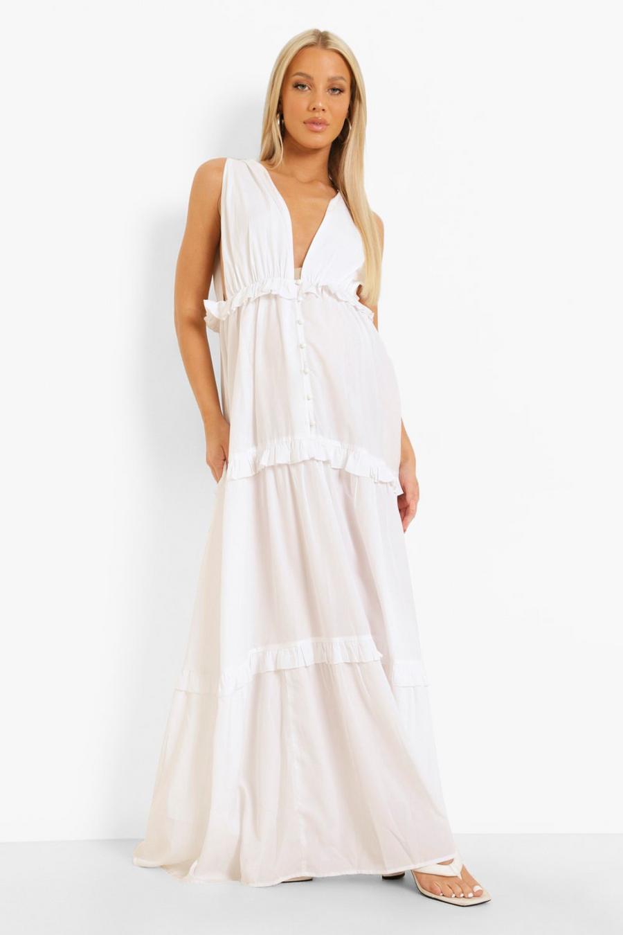 White Maternity Plunge Tiered Ruffle Maxi Dress image number 1