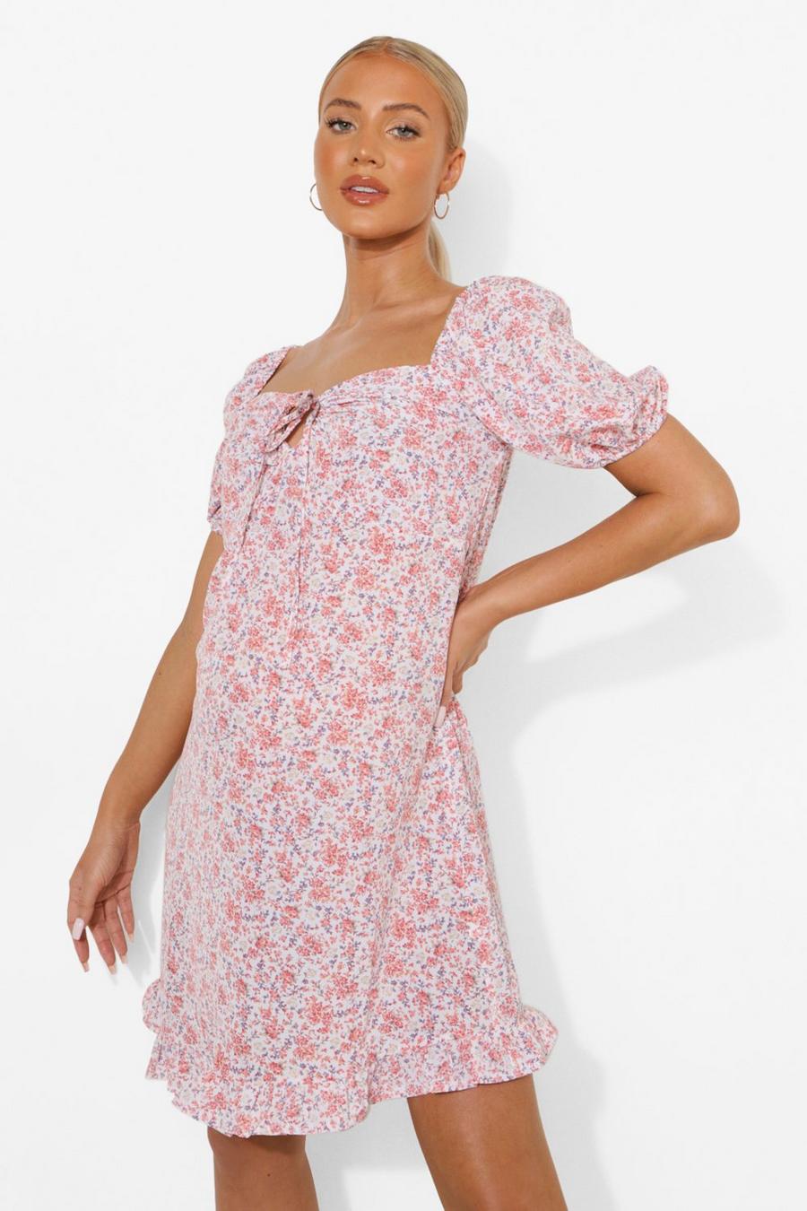 Pink Maternity Puff Sleeve Tie Front Floral Smock image number 1