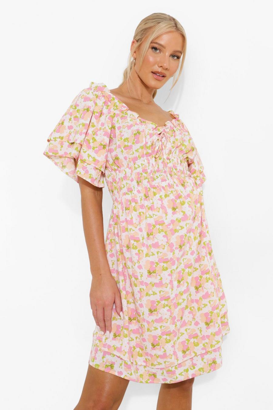 Pink Maternity Tie Front Ruffle Smock Dress image number 1