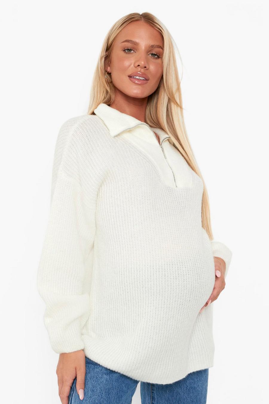Ivory Maternity Chunky Grandad Collar Nursing Sweater image number 1