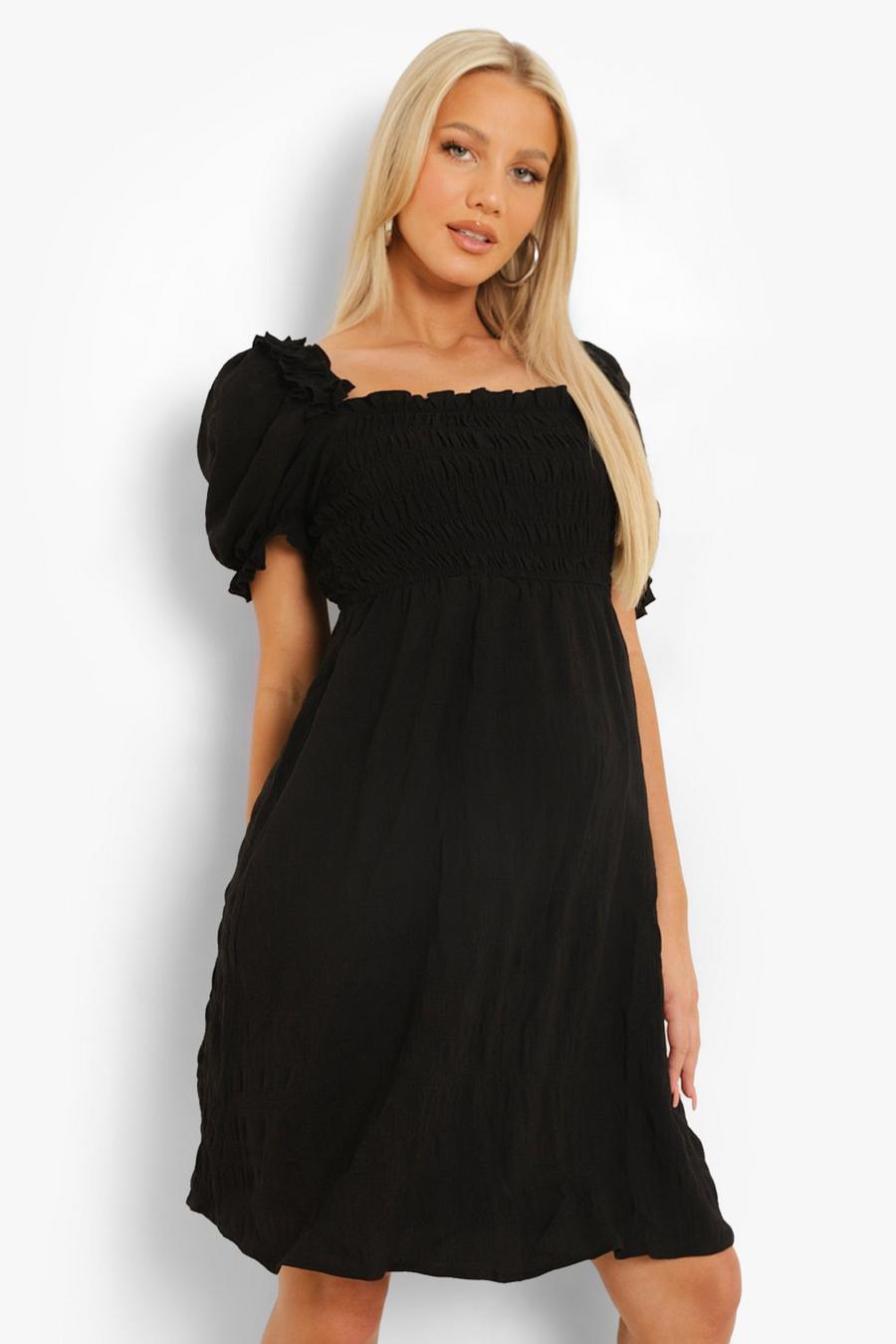 Black Maternity Shirred Frill Detail Smock Dress image number 1