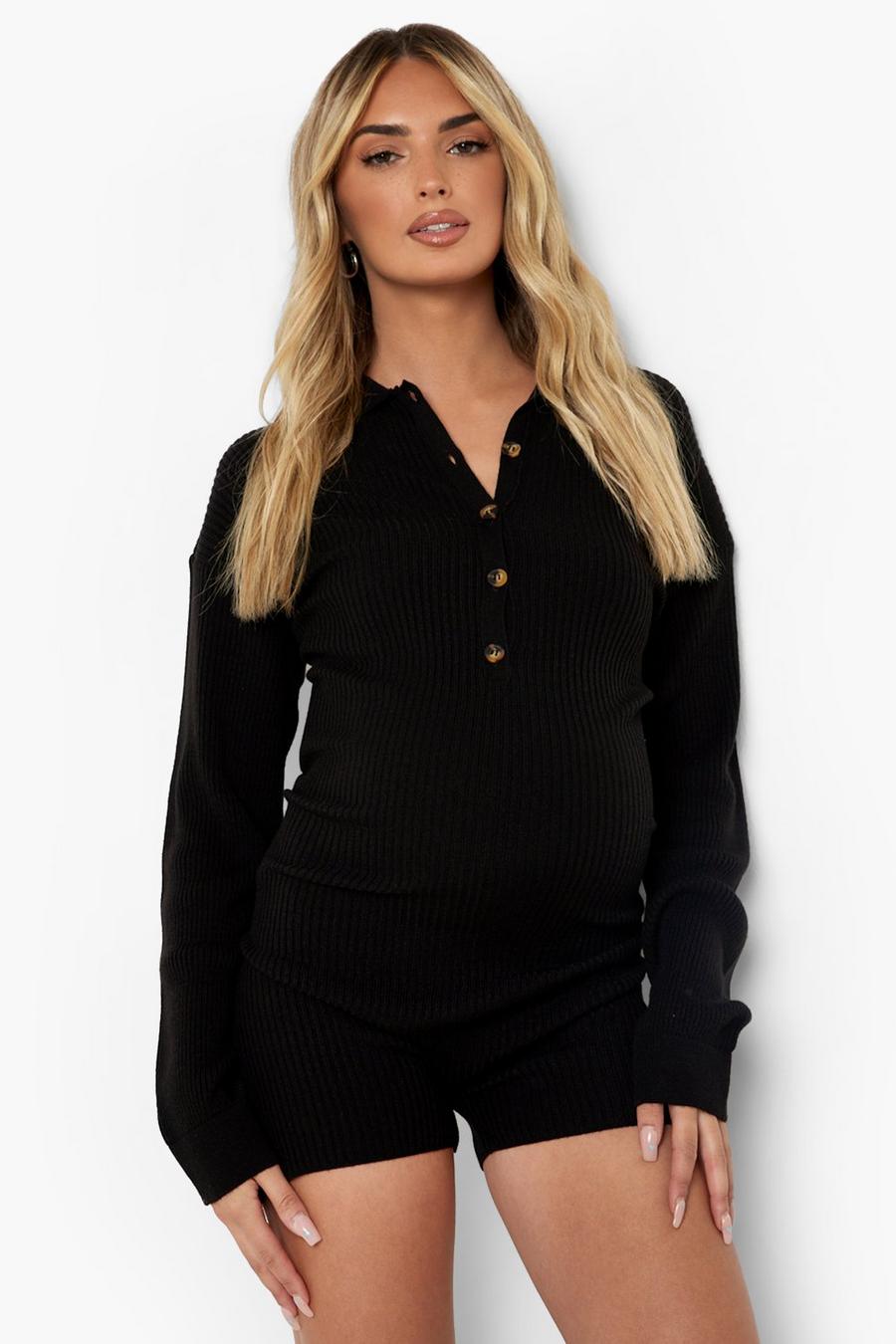 Black Maternity Collared Lounge Knitted Playsuit image number 1