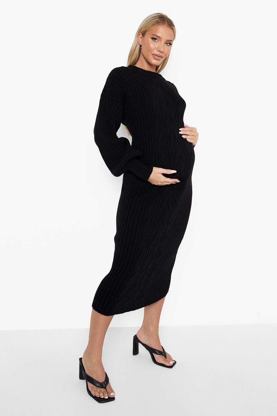 Black Maternity Sleeve Cable Knit Midi Dress image number 1