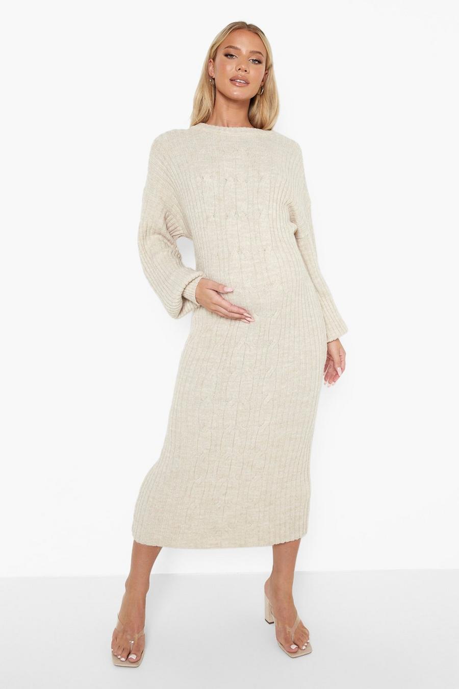 Ivory Maternity Sleeve Cable Knit Midi Dress image number 1