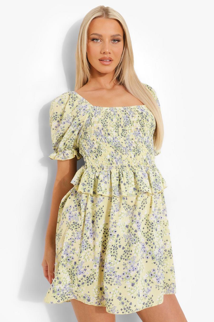 Yellow Maternity Shirred Off The Shoulder Floral Dress image number 1