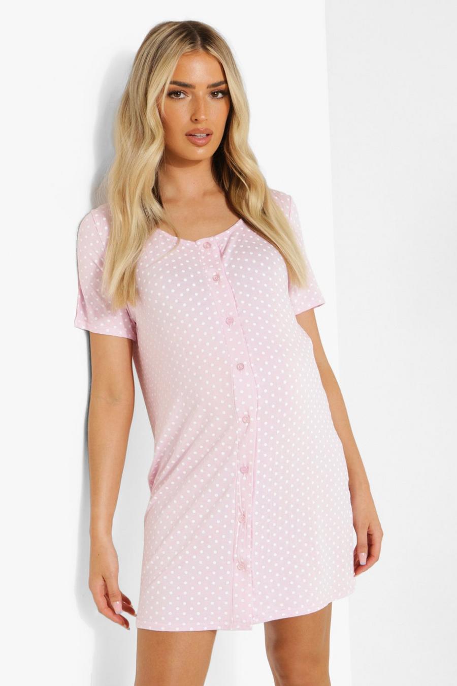 Umstandsmode gepunktetes Nachthemd mit Knöpfen vorne, Baby pink