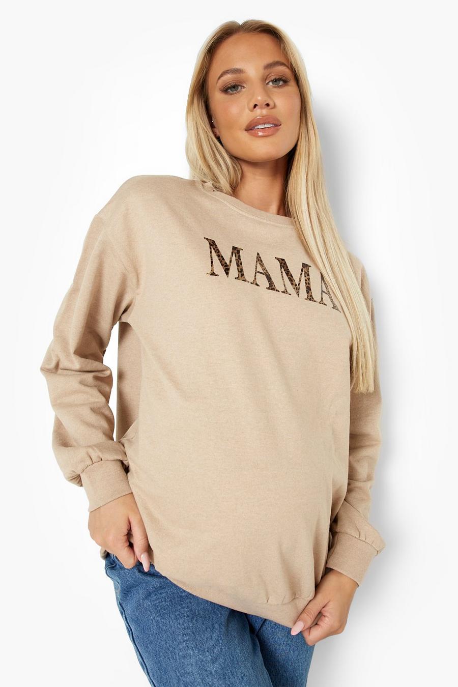 Umstandsmode Sweatshirt mit Leopardenprint Mama-Slogan, Stone beige