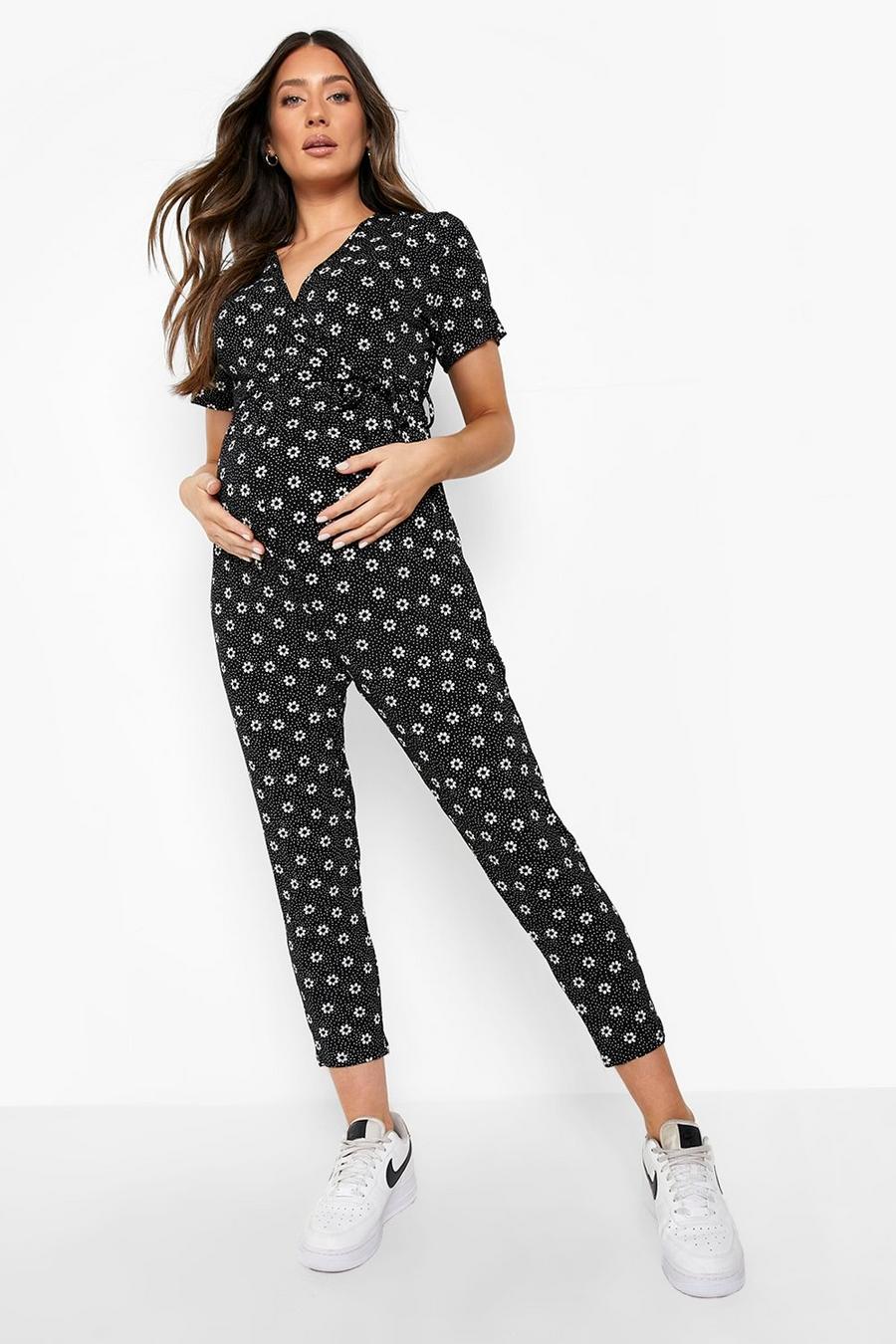 Black Maternity Ditsy Wrap Front Jumpsuit image number 1