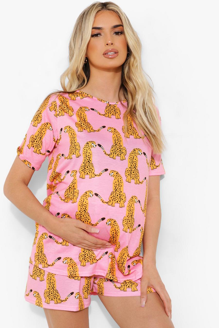 Umstandsmode kurzes Pyjama-Set mit Gepardenprint, Pink image number 1