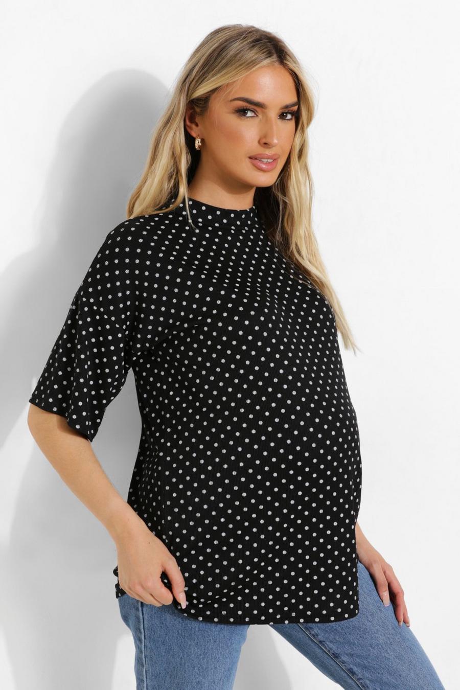 Black Maternity Rib Polka Dot Oversized T-shirt image number 1