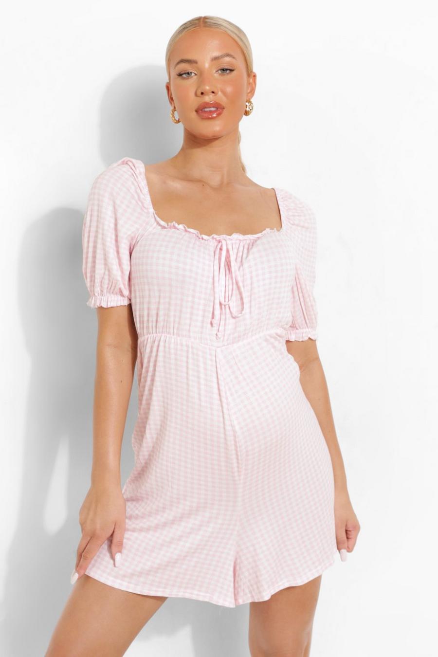 Pastel pink Maternity Square Neck Gingham Playsuit image number 1