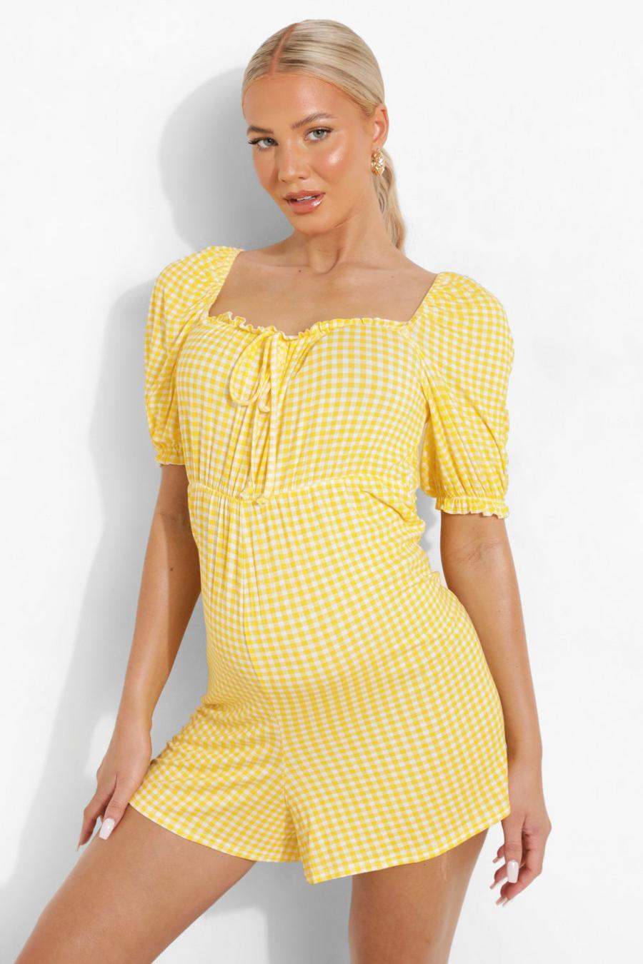 Yellow Maternity Square Neck Gingham Playsuit image number 1