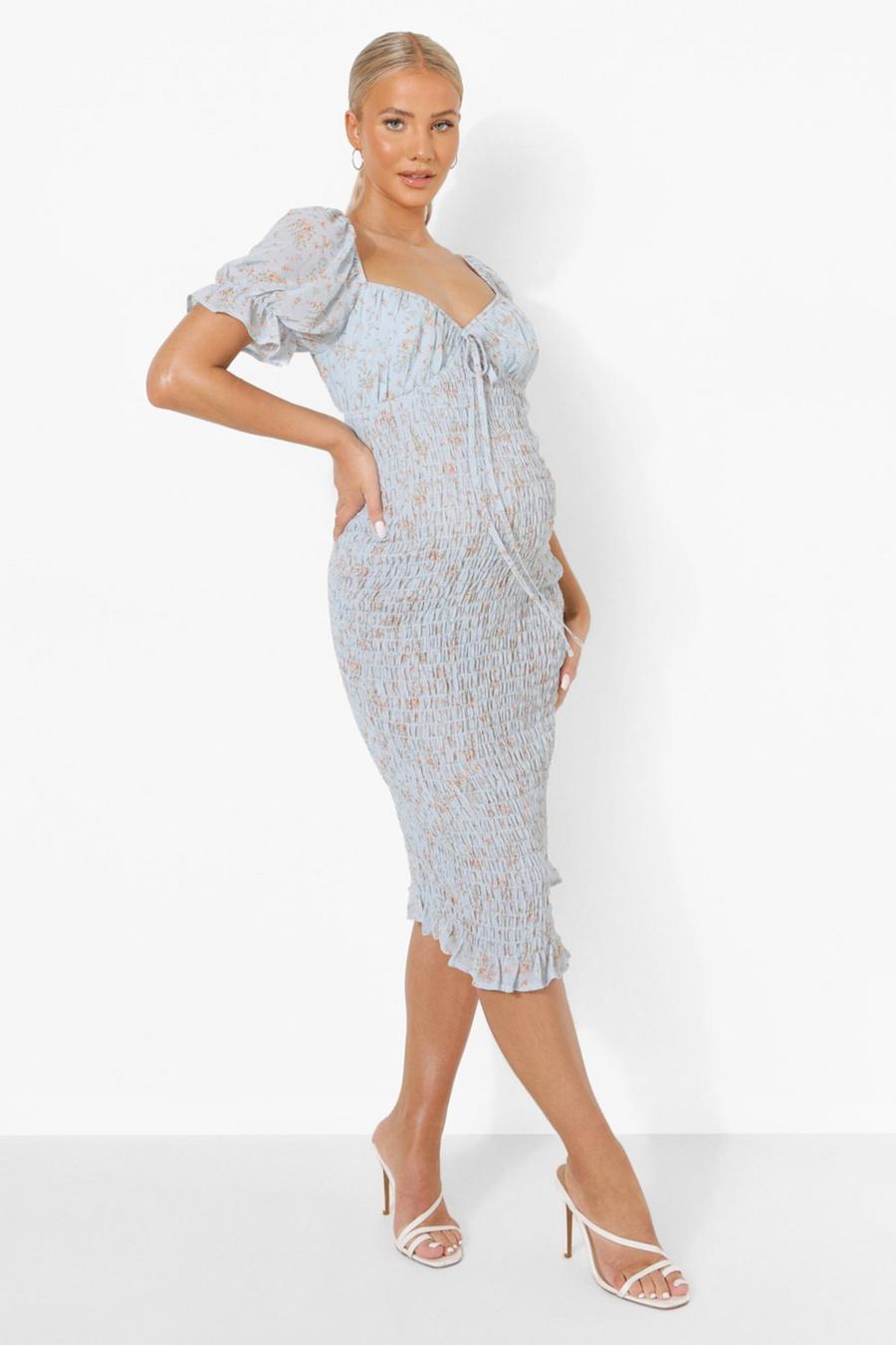 Blue Maternity Ditsy Shirred Midi Dress image number 1