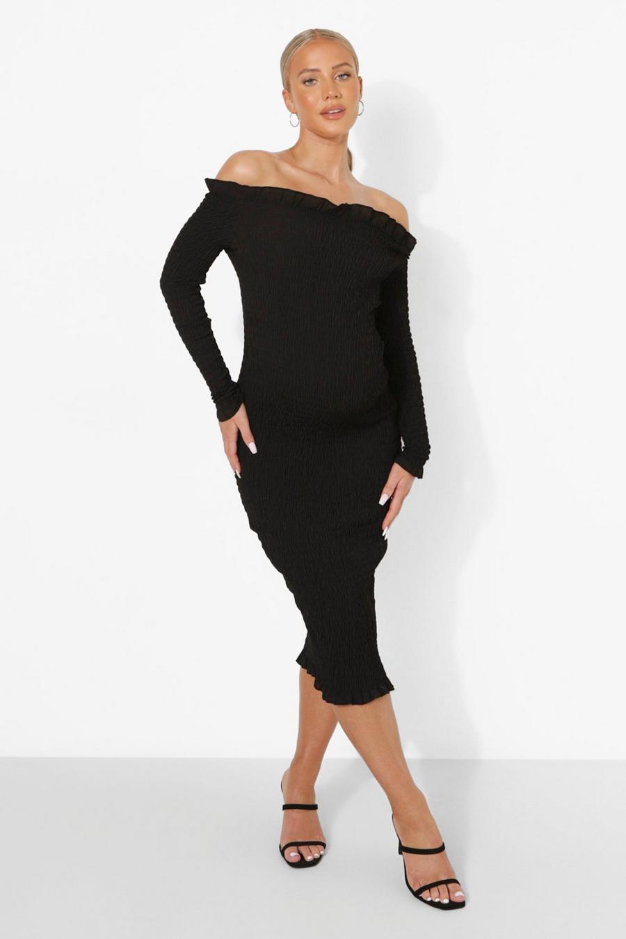 Black Maternity Off The Shoulder Shirred Midi Dress image number 1