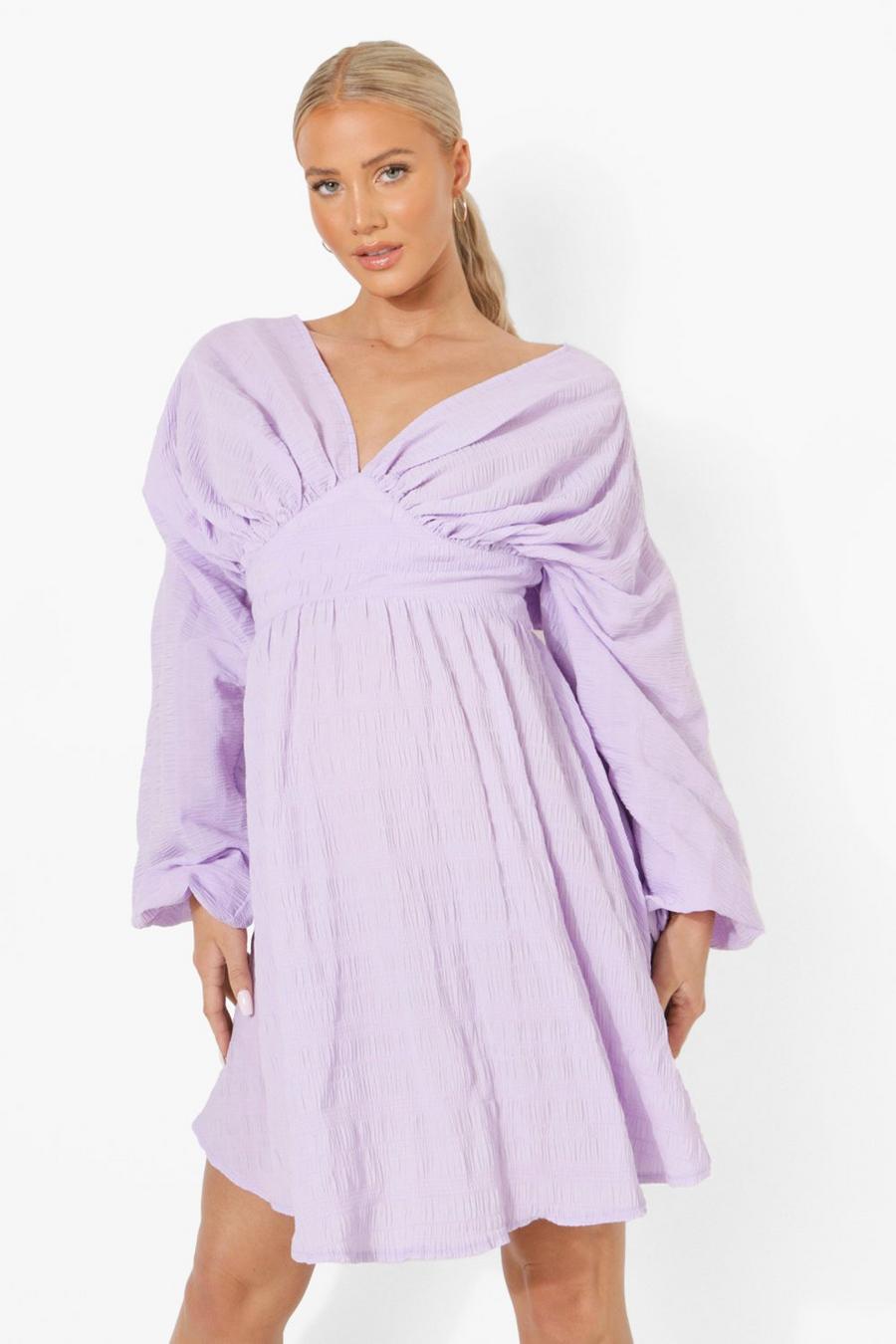 Lilac purple Maternity Balloon Sleeve Crinkle Skater Dress