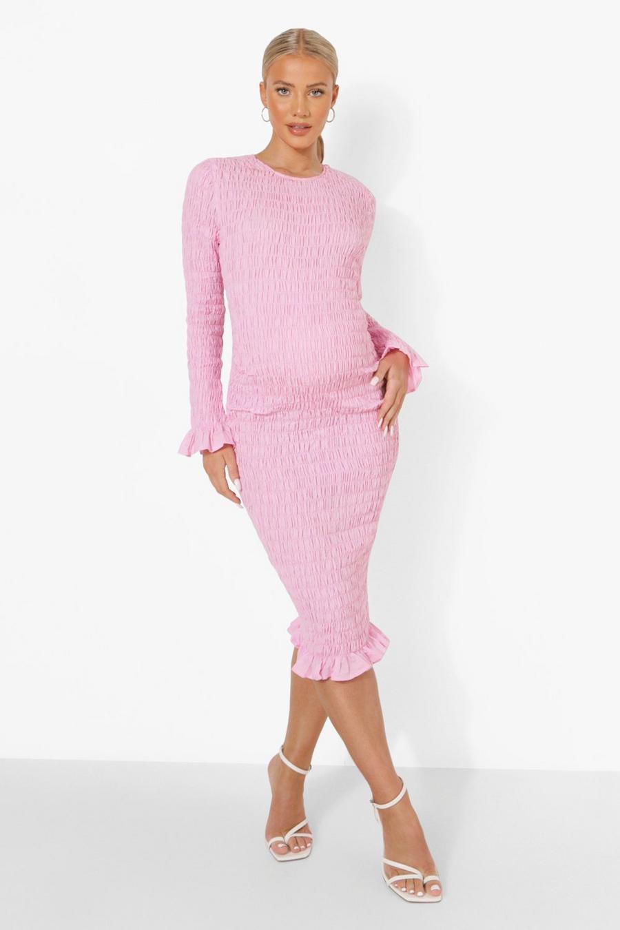 Baby pink Maternity Shirred Long Sleeve Midi Dress image number 1