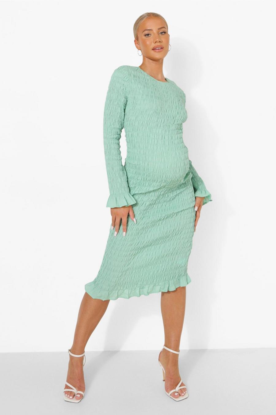 Sage grön Maternity Shirred Long Sleeve Midi Dress