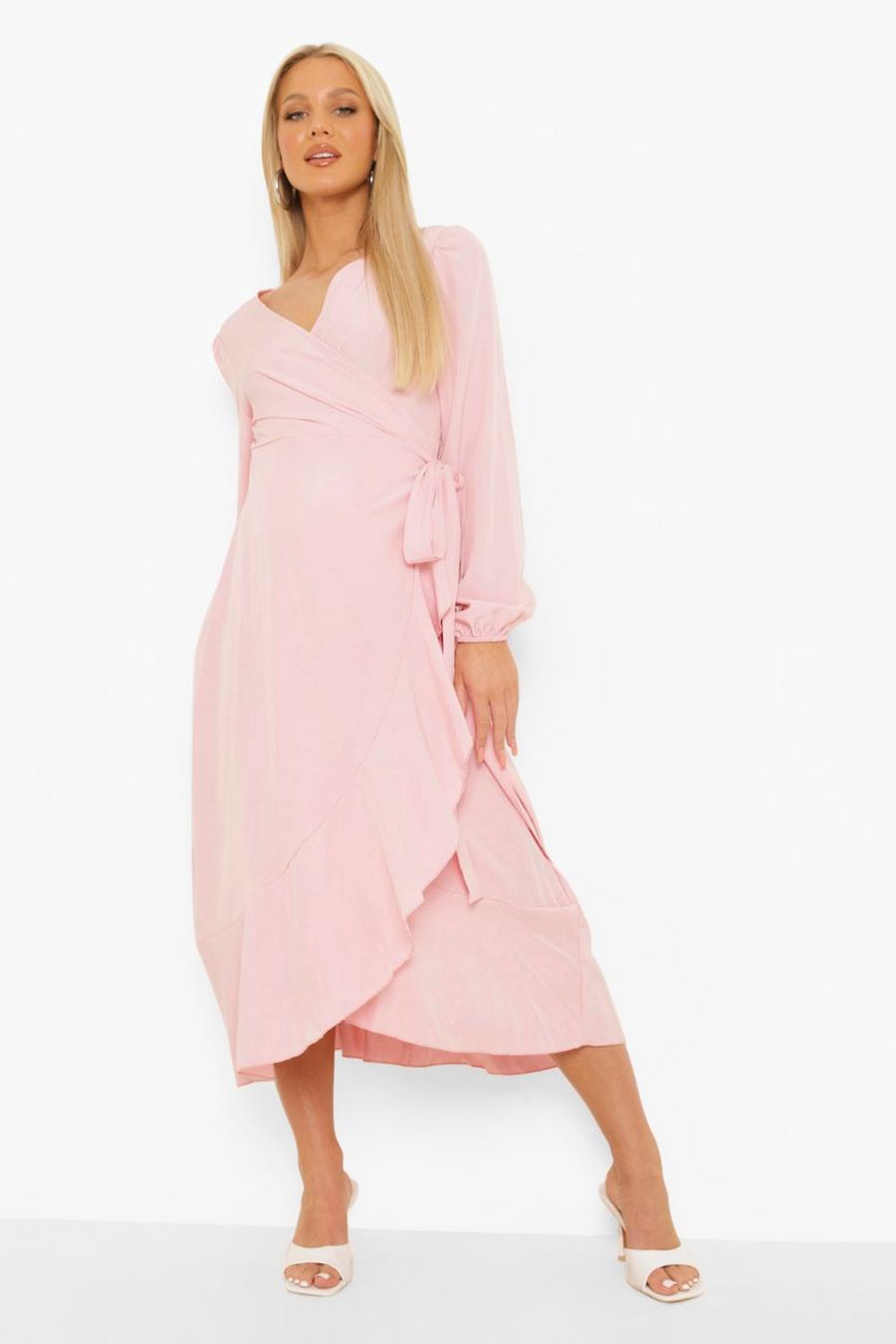 Pale pink Maternity Wrap Tie Waist Frill Detail Midi Dress image number 1