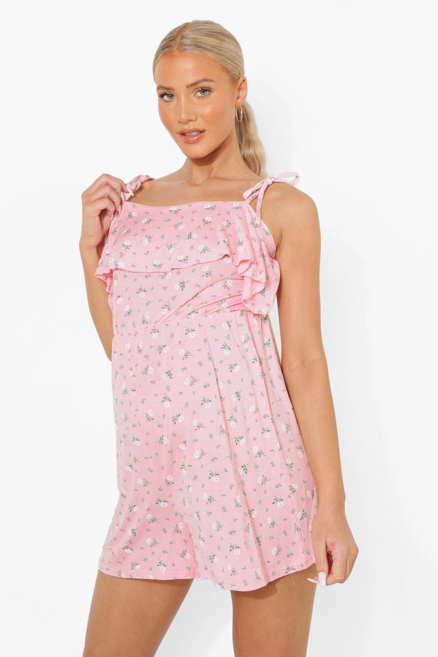 Baby pink Maternity Frill Tie Shoulder Floral Playsuit image number 1