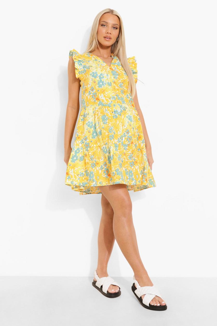 Yellow Maternity Frill Shoulder Floral Smock Dress