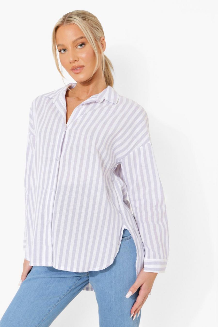 Camicia Premaman oversize in lino a righe, Lilac image number 1