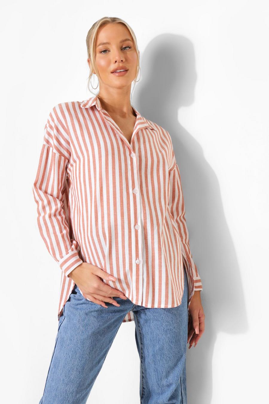 Rust Maternity Linen Oversized Stripe Shirt image number 1