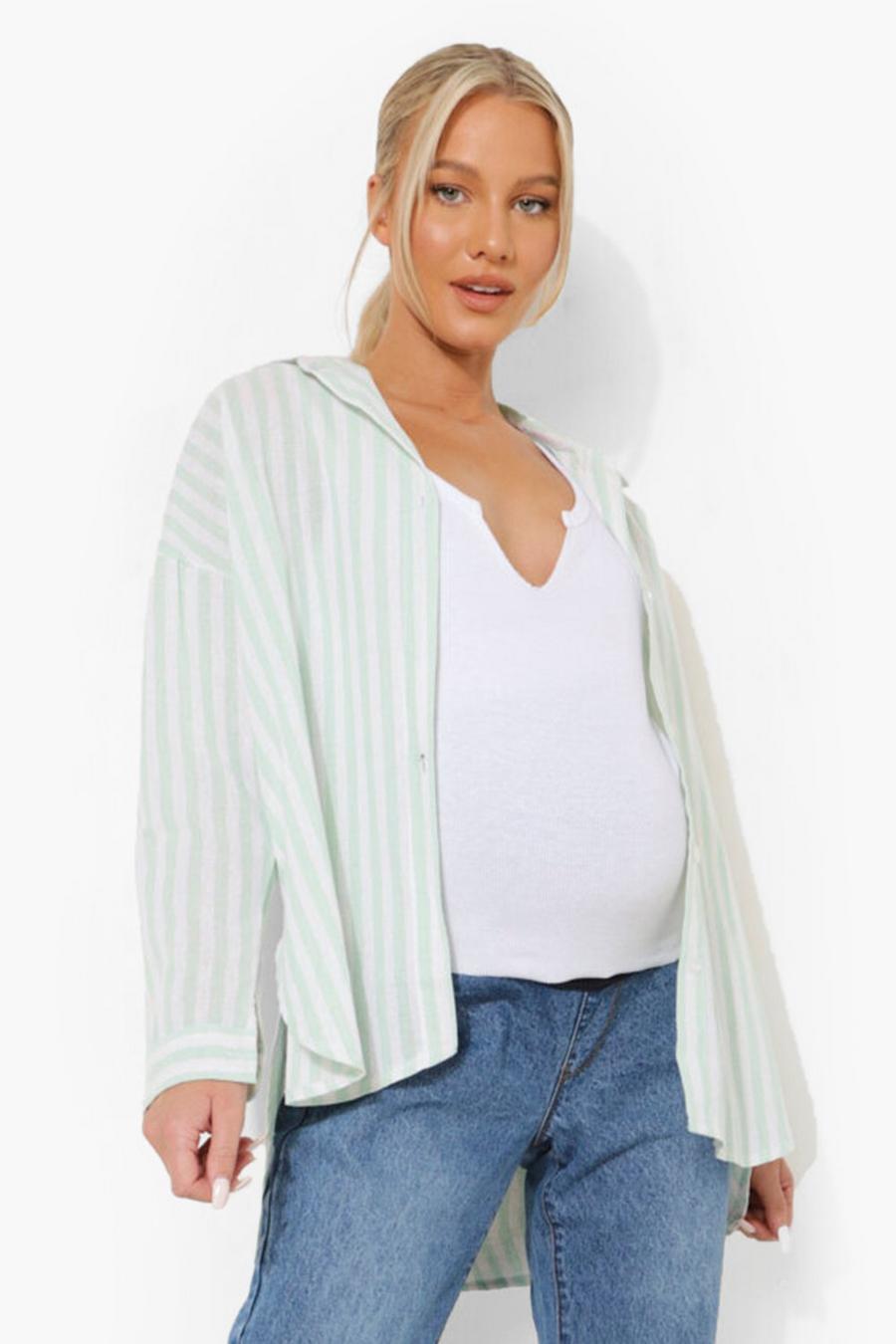 Sage Maternity Linen Oversized Stripe Shirt image number 1