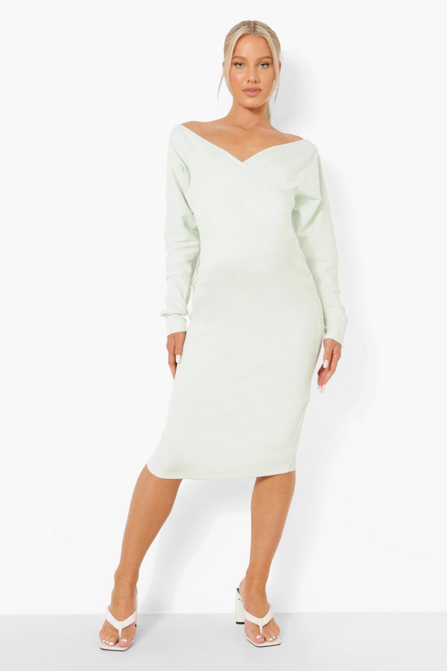 Umstandsmode schulterfreies geripptes Premium-Kleid, Sage image number 1