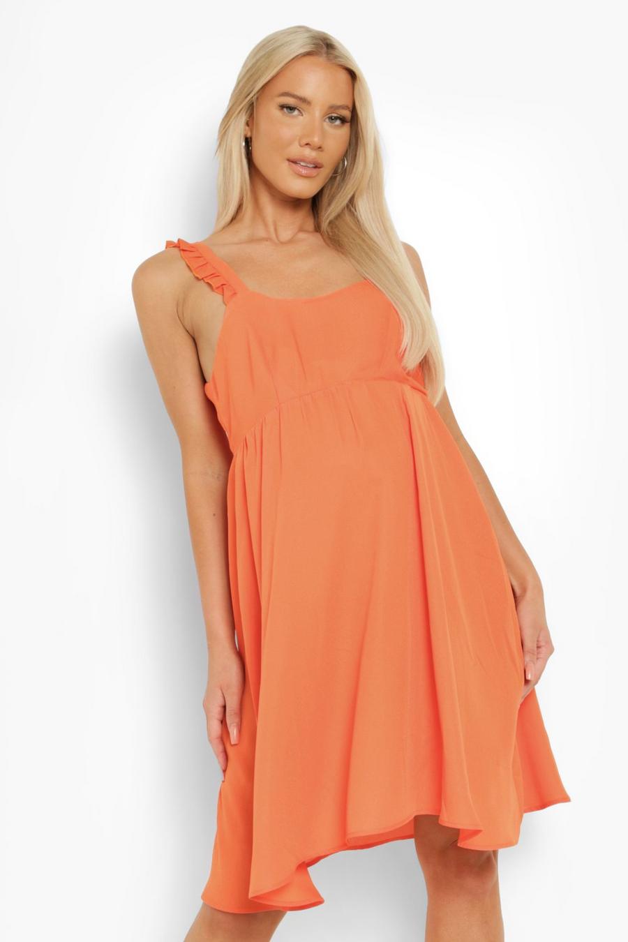 Umstandsmode Smok-Kleid mit Rüschenträgern, Orange image number 1
