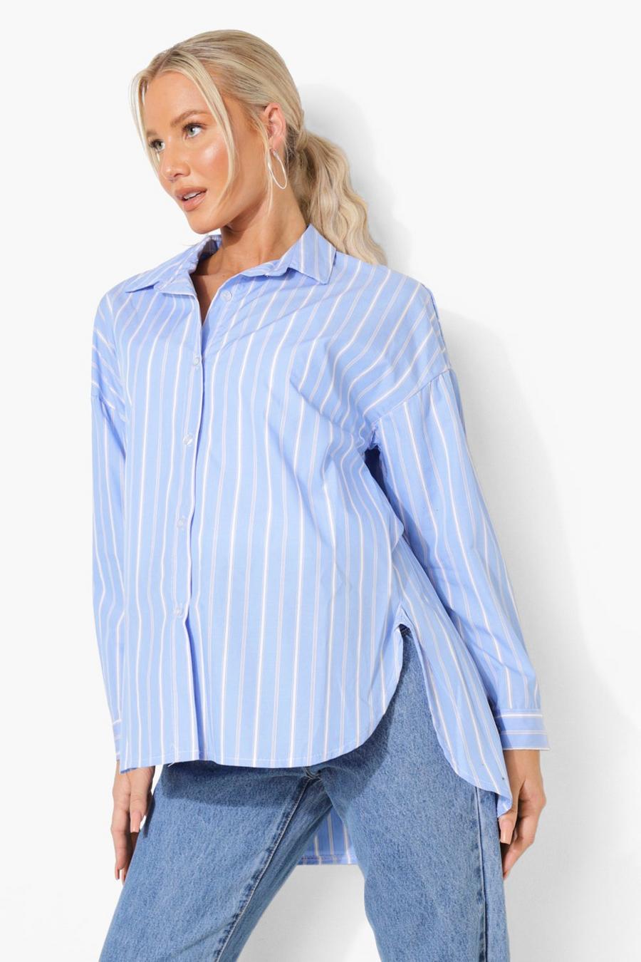 Blue Maternity Cotton Oversized Stripe Shirt image number 1