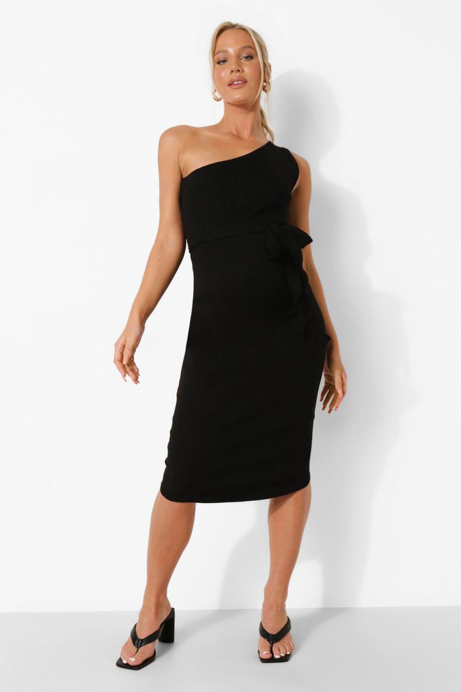Black Maternity One Shoulder Premium Rib Midi Dress