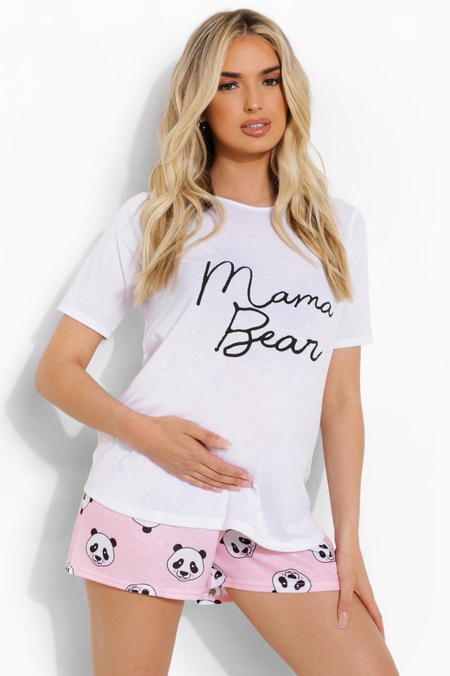 לבן סט פיג'מה קצר עם כיתוב Mama Bear להיריון image number 1