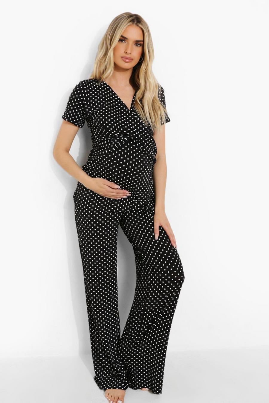 Black Maternity Polka Dot Wrap Nursing Pajama Set image number 1