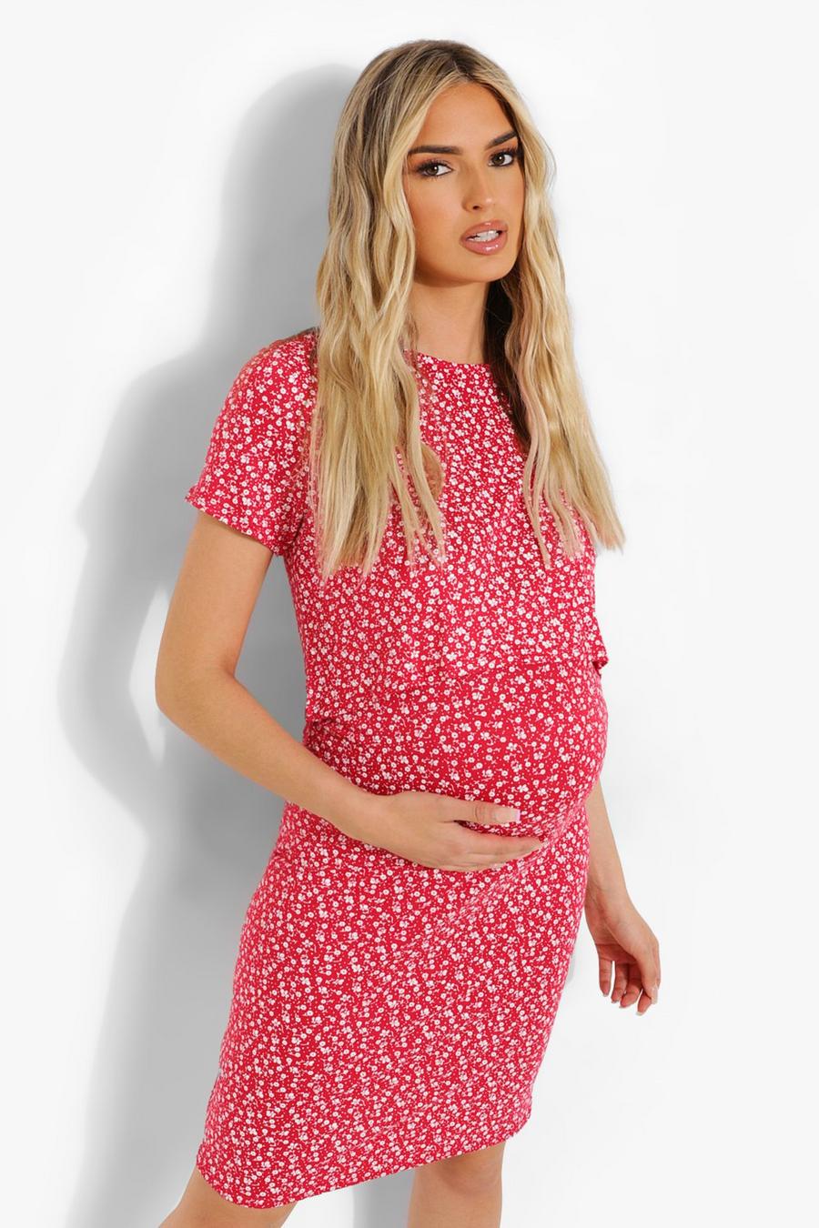 Red Maternity Ditsy Nursing Bodycon Dress image number 1