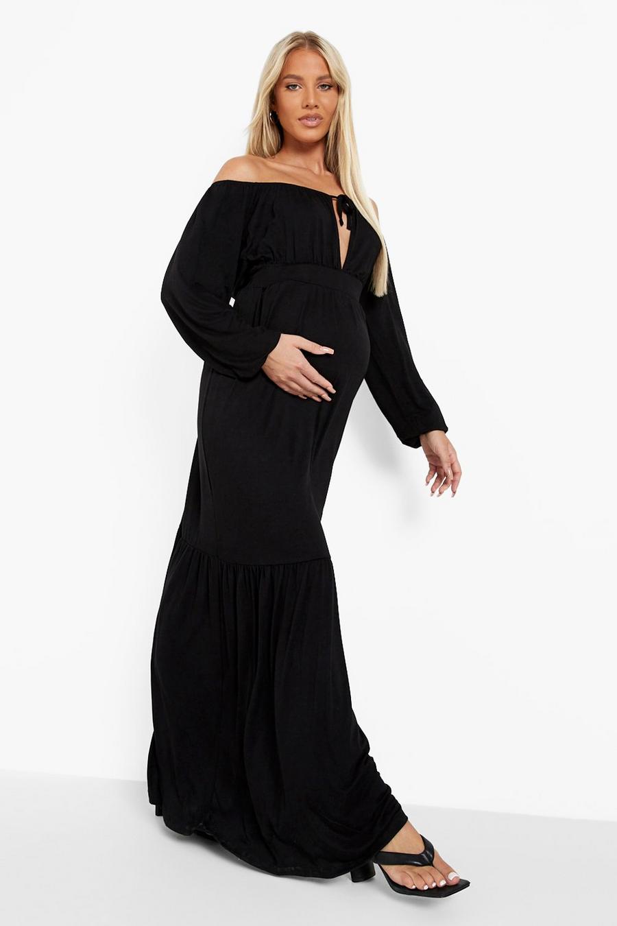 Black Maternity Bardot Tie Front Maxi Dress image number 1