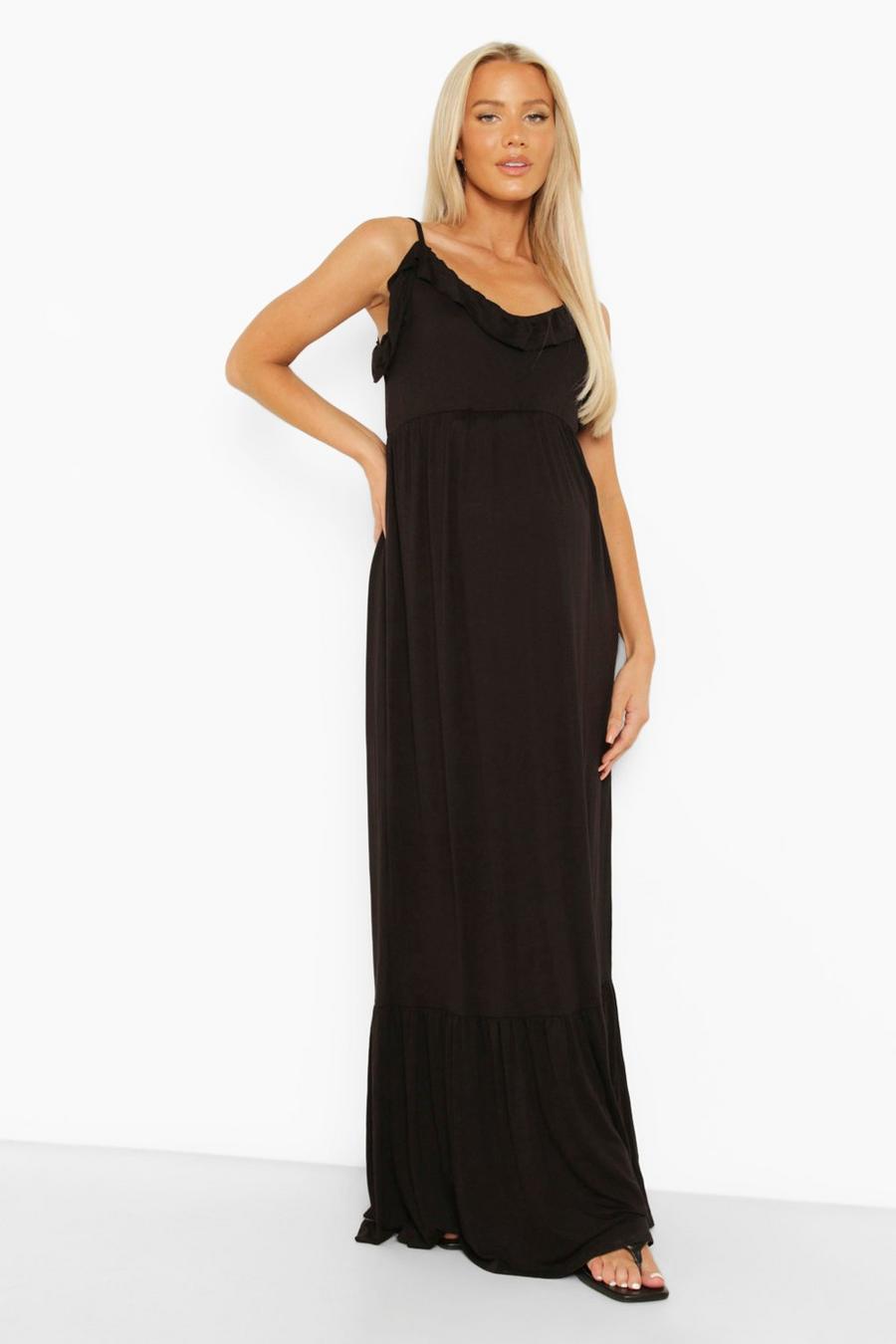Black Maternity Frill Detail Strappy Maxi Dress image number 1