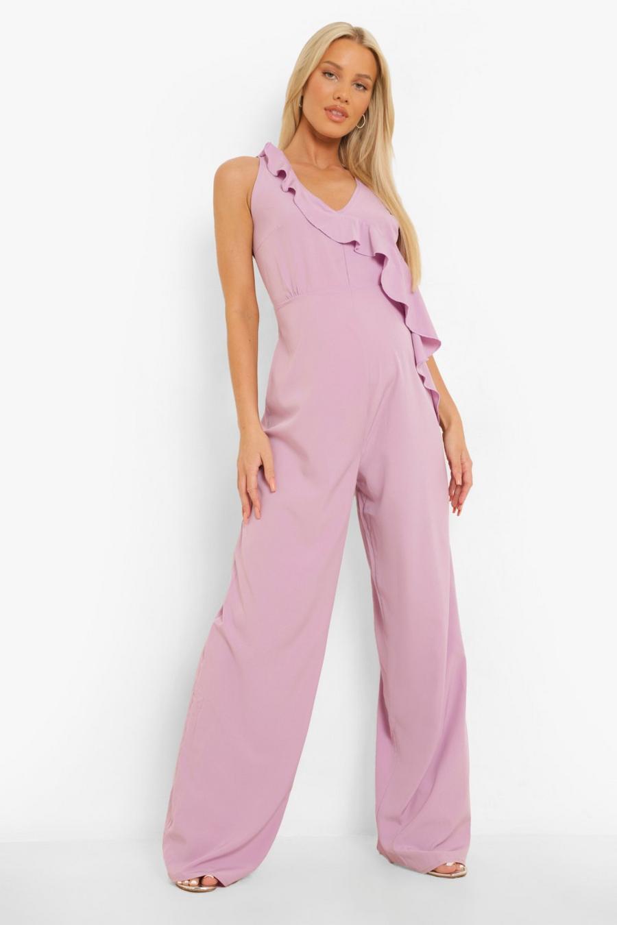 Lilac Maternity Frill Plunge Wide Leg Jumpsuits image number 1