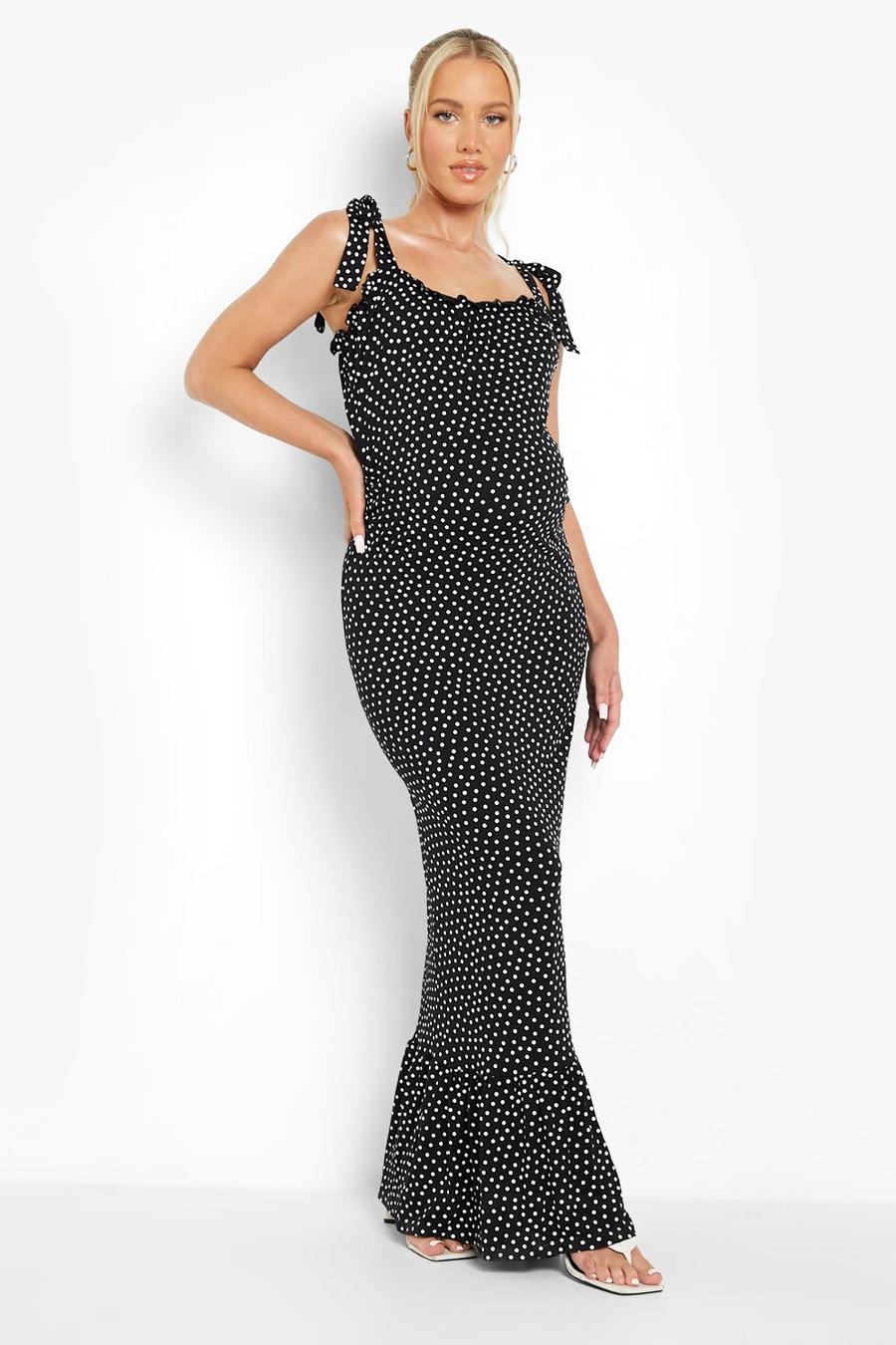 Black Maternity Polka Dot Tie Shoulder Maxi Dress image number 1