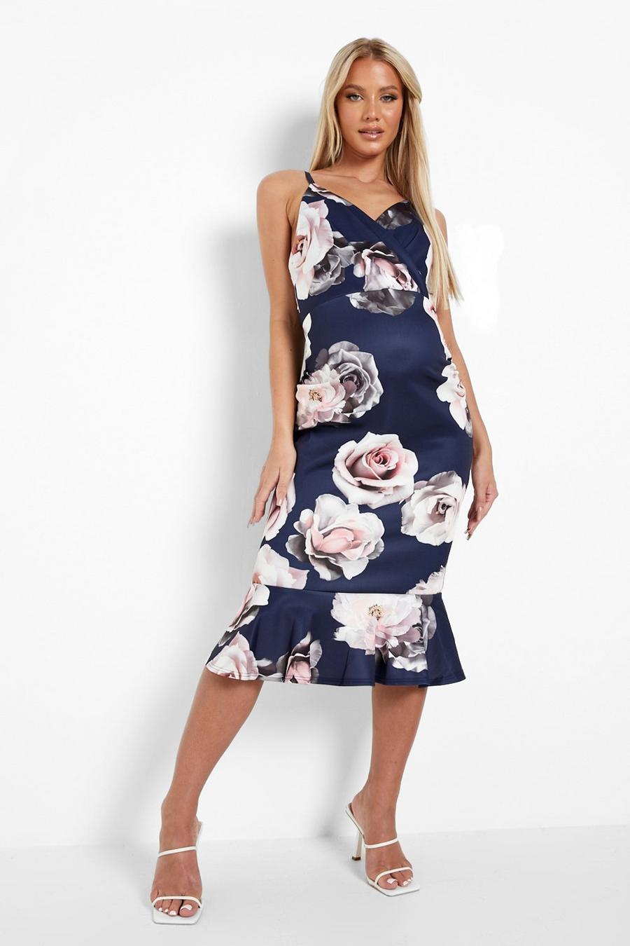 Navy Maternity Occasion Floral Wrap Midi Dress image number 1