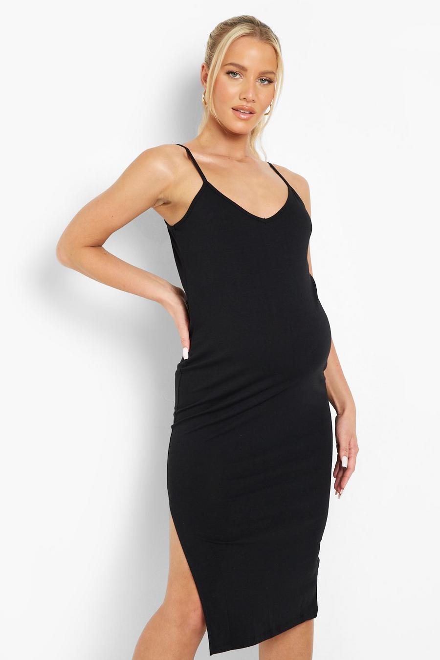 Black Maternity Strappy Side Split Midi Dress image number 1