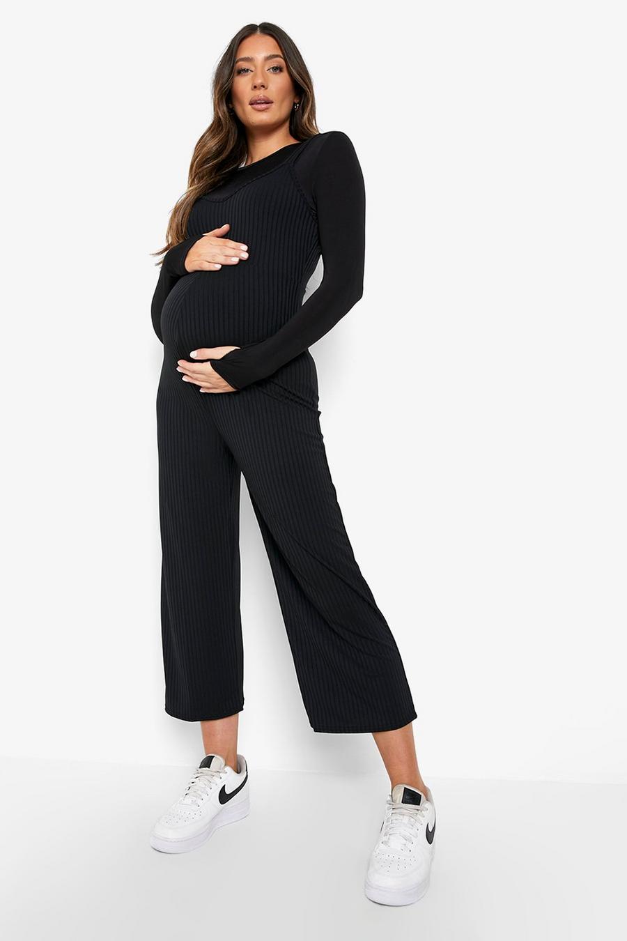 Black Maternity Rib Culotte Jumpsuit image number 1