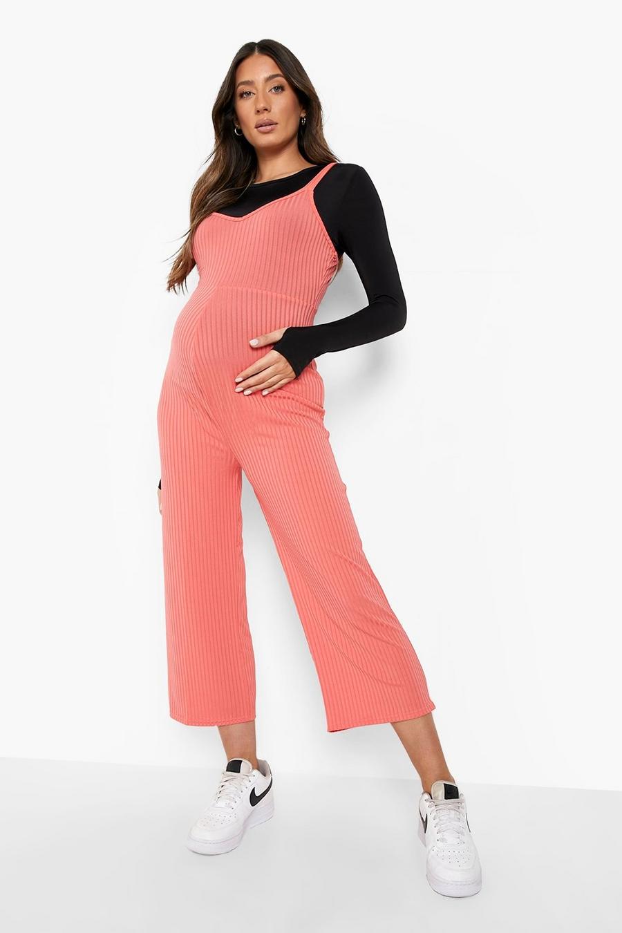 Maternité - Combinaison jupe-culotte de grossesse côtelée , Corail rose