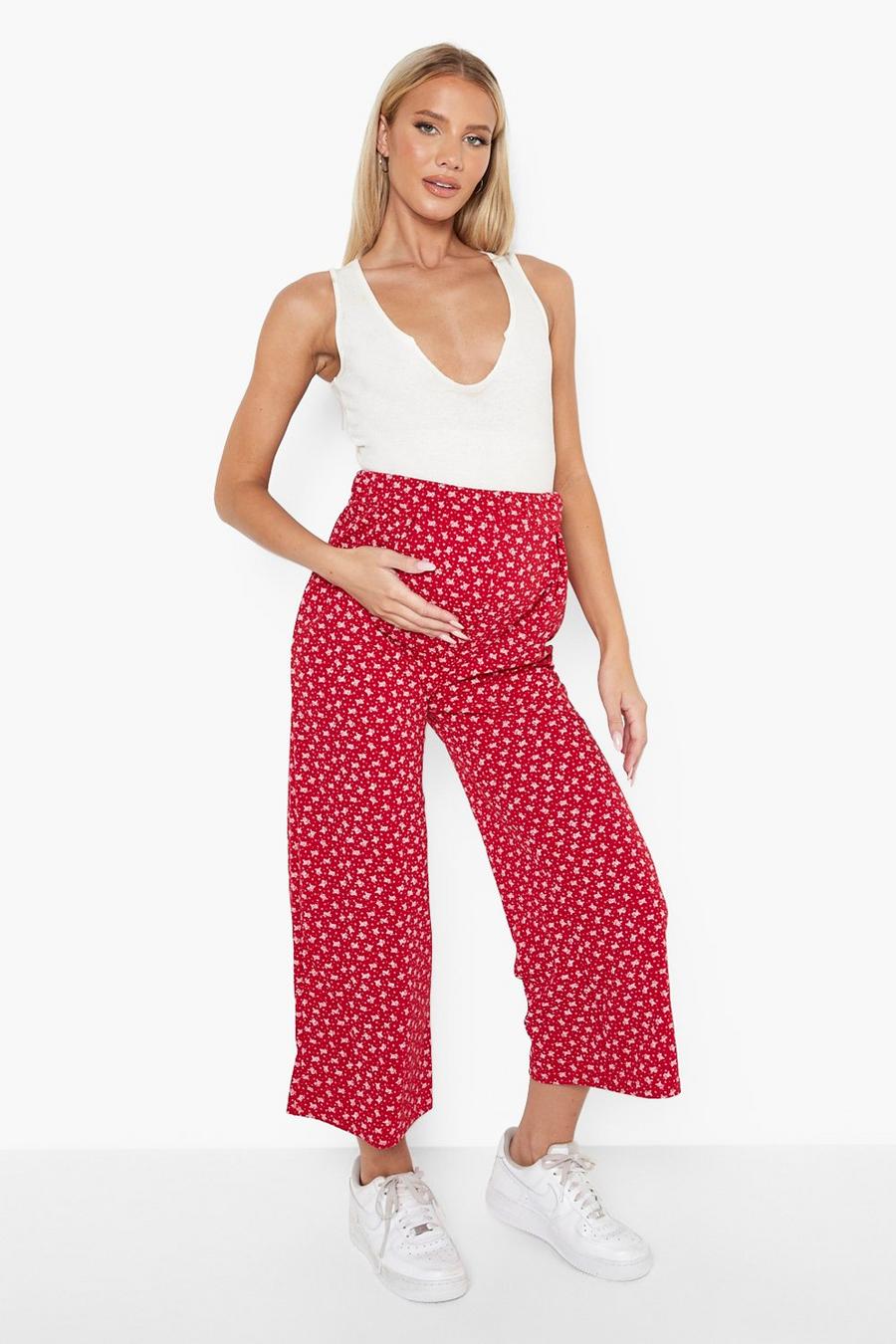 Pantaloni culottes Premaman a vita alta a fiori piccoli, Red image number 1
