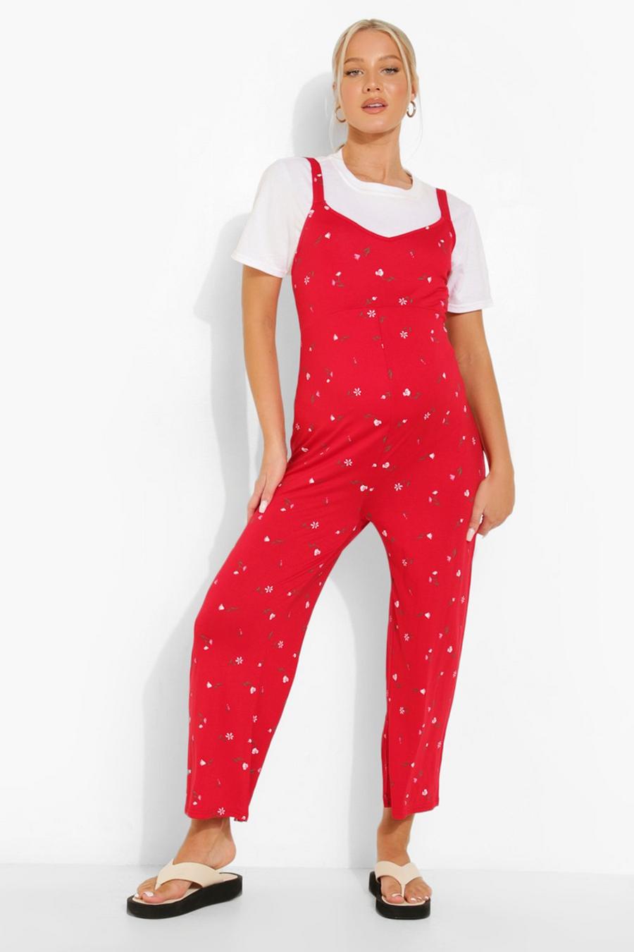 Red Maternity Floral Culotte Jumpsuit image number 1