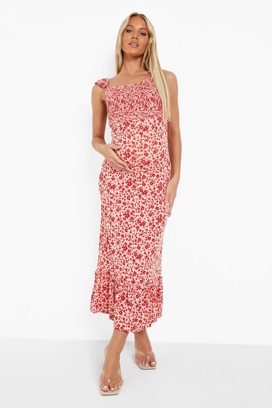 Pink Maternity Frill Shoulder Floral Smock Dress image number 1