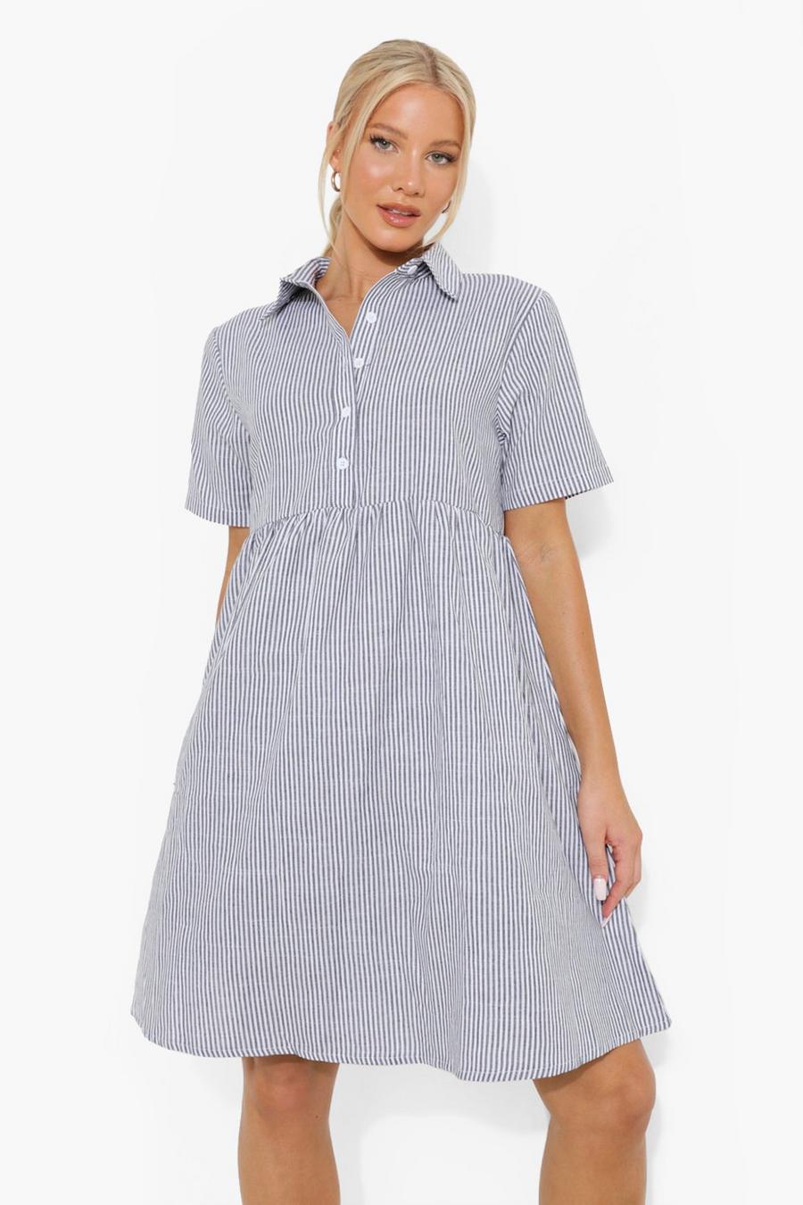 Blue Maternity Stripe Smock Shirt Dress image number 1
