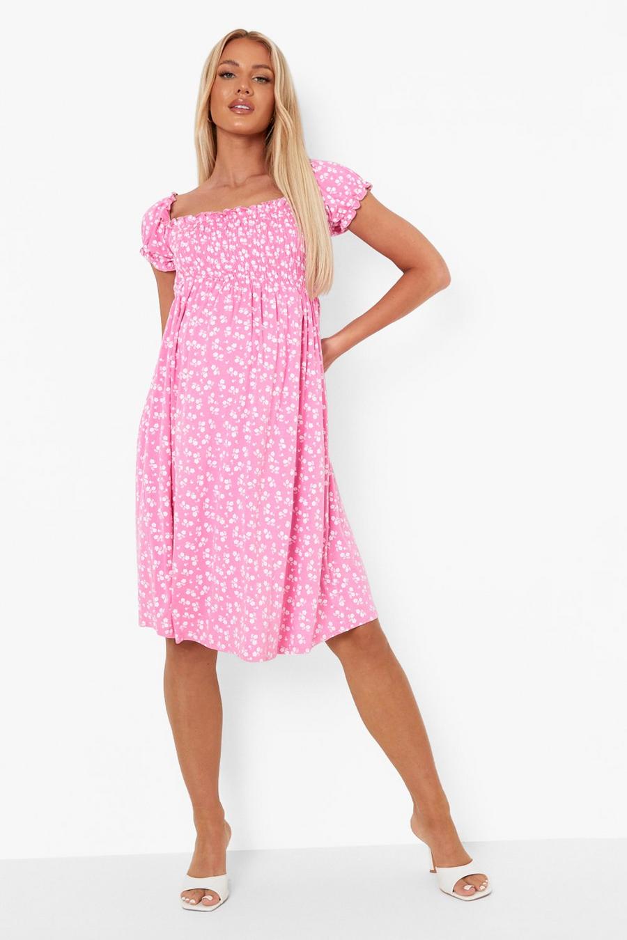Pink Maternity Shirred Bardot Printed Mini Dress image number 1