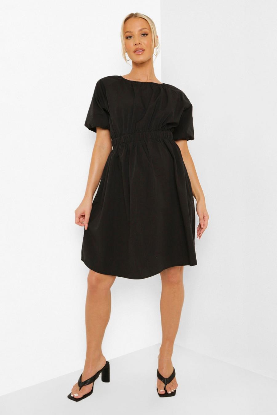 Black Maternity Puff Sleeve Cotton Mini Dress image number 1